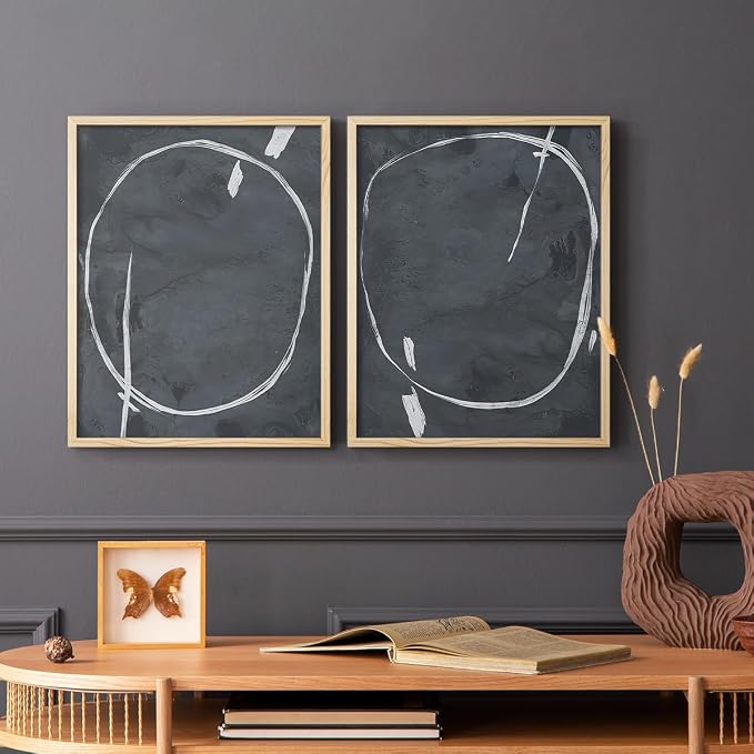 Renditions Gallery Set of 2 Peel & Stick Framed Prints, Abstract Wall Art, Circular Momentum Design Wall Decor, Re-Stickable - Ready to Hang - 11"x14" - NATURAL WOOD Frame LT588