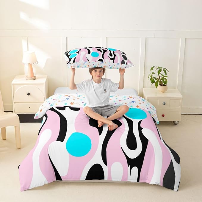 Erosebridal Mid Century Modern Abstract Duvet Cover Set Vintage Geometric Twin Bedding Sets for Girls Children Boys Contemporary Organic Shapes Comforter Cover Squiggle Blob Bed Set,Light Pink Cyan
