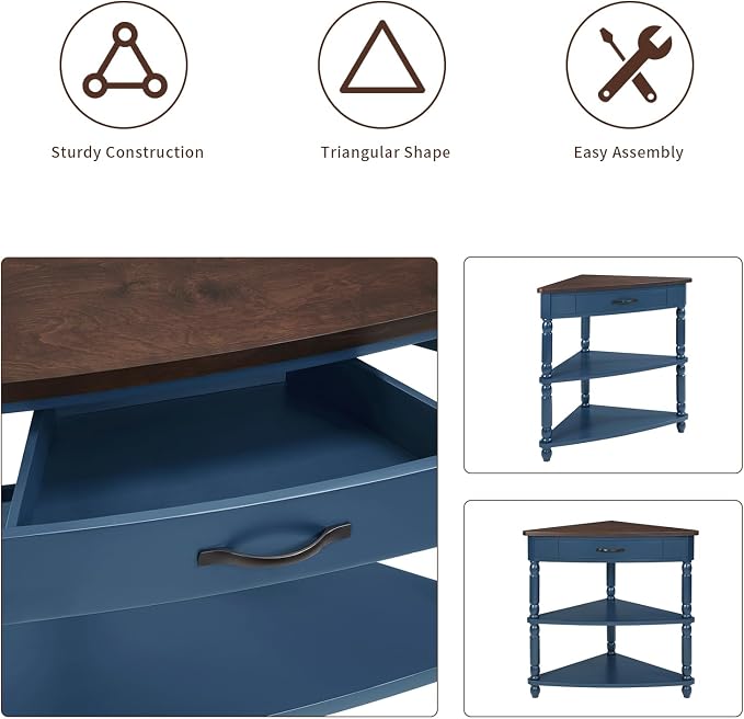 33.86" Corner Table, Wood 3 Tier Triangle Side Table Corner Shelf Stand with Solid Wood Legs 1 Drawer & 2 Storage Shelves for Living Room Small Space (Navy Blue)