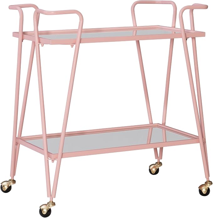 Gina Pink Mid-Century Bar Cart with Mirrored Shelves and Locking Wheels by Linon