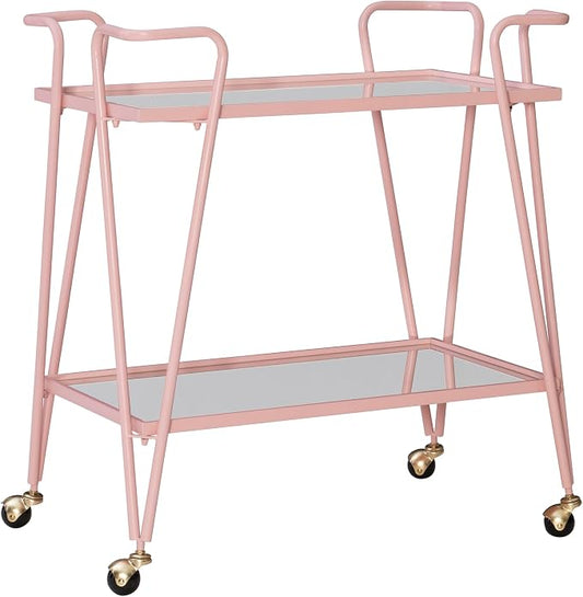 Gina Pink Mid-Century Bar Cart with Mirrored Shelves and Locking Wheels by Linon