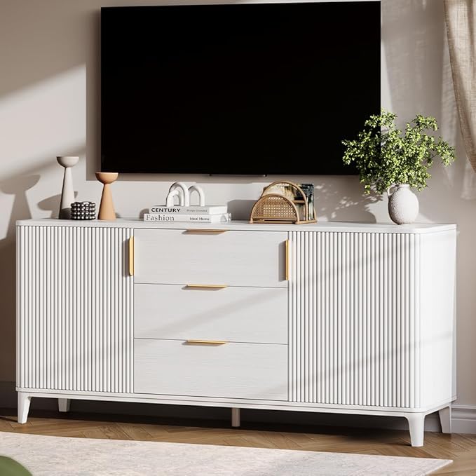 59" Fluted Sideboard Buffet Cabinet with 2 Doors and 3 Drawers, Large Modern Mid Century Buffet Table Coffee Bar Wine Bar Storage Cabinet with Adjustable Shelves for Dining Room, Living Room White