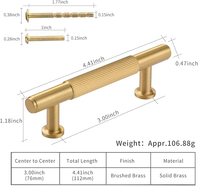 SALISENG-5 Pack Gold Kitchen Cabinet Handles, Brushed Brass Dresser Drawer Pulls, 3 Inches Furniture Door Handles for Cupboard Bedroom Wardrobe (Arina)