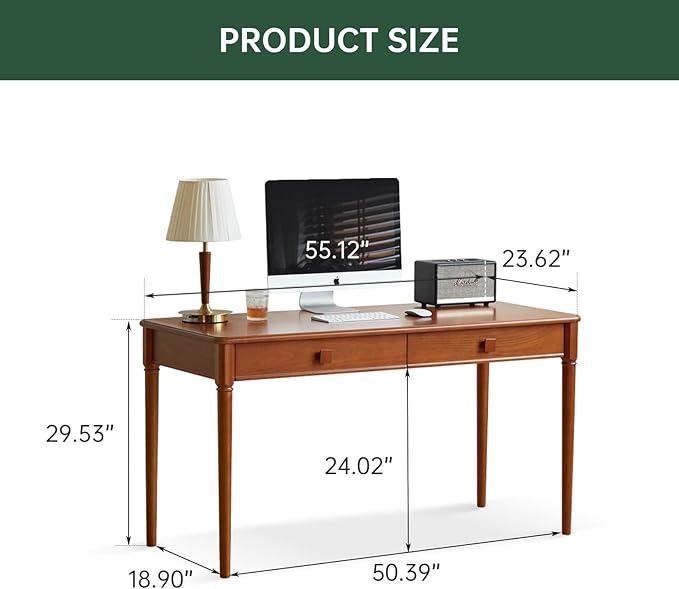 Solid Wood Computer Desk, Mid-Century Modern Home Office Desk with Drawers for Study, Working, Home Office 55" W
