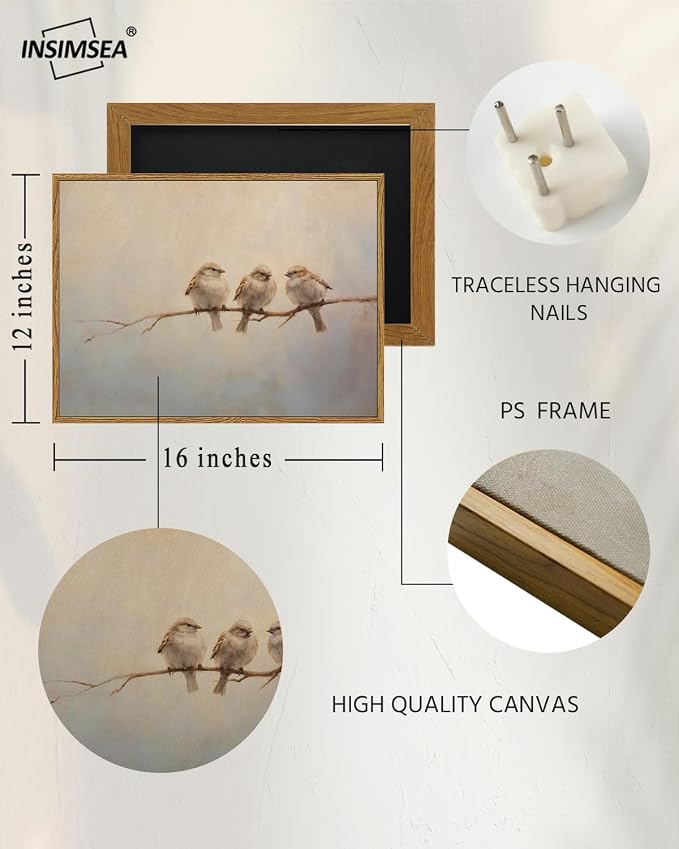 InSimSea Vintage Framed Wall Art, Three Birds Prints Vintage Wall Decor, Bedroom Living Room Bathroom Office Rustic Canvas Art 12x16in