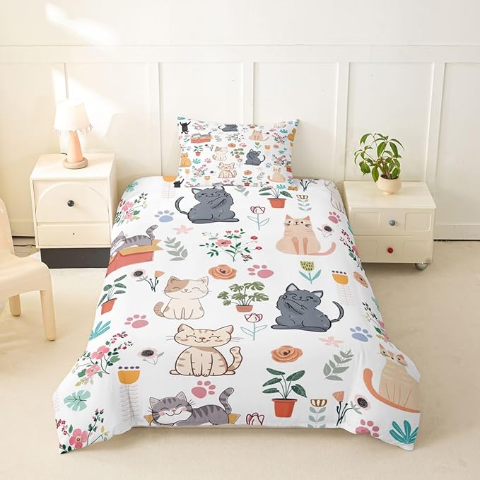 Erosebridal Cute Cat Toddler Duvet Cover Floral Cats Lovers Bedding Set Lovely Kitten Pet Animals Comforter Cover for Kids Girls Boys Adults Botanical Aesthetic Bed Set