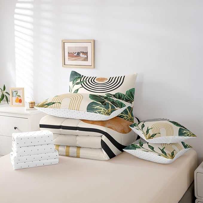 Erosebridal 7 Pcs Mid Century Boho Comforter Set Queen Size Abstract Art Simple Bedding Sets,Minimalist Tropical Palm Leaves Bed in a Bag Modern Bohemian Style Quilt with Flat Fitted Sheet,Green Gold