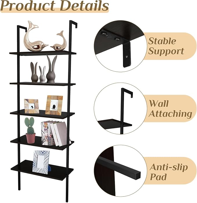 Karl home Ladder Shelf 5 Tier Wall Mounted Bookcase with Metal Frame, Open Design Shelves for Living Room, Bedroom, Home, Dark Walnut (23.62" L x 11.81" W x 70.87" H)