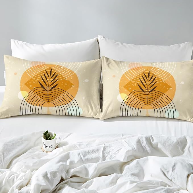 Erosebridal Geometric Stripe Bed Set Retro Aesthetic Duvet Cover, Beige Minimalism Bedding Set King Modern Artwork Comforter Cover, Mid Century Bed Cover with 2 Pillowcase Super Cozy (Zipper Closure)