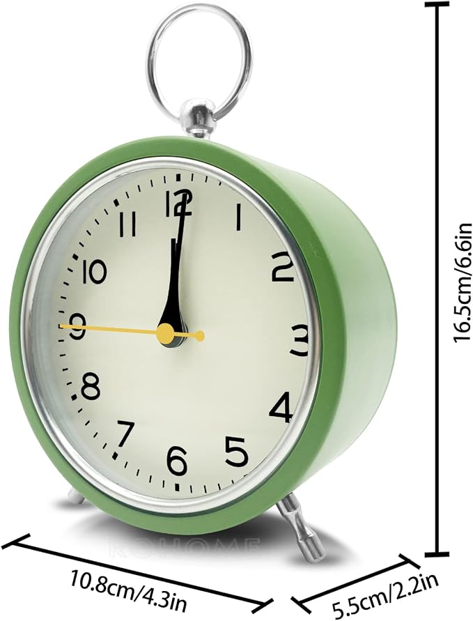 Small Alarm Clock, Silent Non Ticking Quartz Movement, Hanging Modern Metal Design, Battery Operated with Night Light, for Bedroom, Bedside, Desk, Living Room, Office, Shelf, Nightstand (Grass Green)