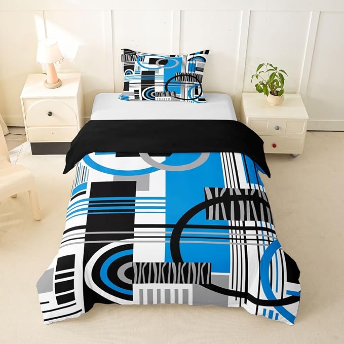 Erosebridal Art Deco Mid Century Duvet Cover Set Retro Modern Abstract Geometric Twin Bedding Sets for Girls Teenage Boys Black and White Blue Circles Stripes Comforter Cover Contemporary Bed Set