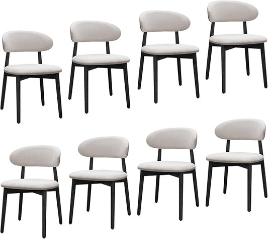 Farmhouse Dining Chairs Set of 8,Mid Century Modern Fabric Upholstered Kitchen Chairs,Wooden Dining Room Chair with Curved Back Black Leg for Kitchen Dining Room Restaurant Cafe,Linen Gray,Only Chairs