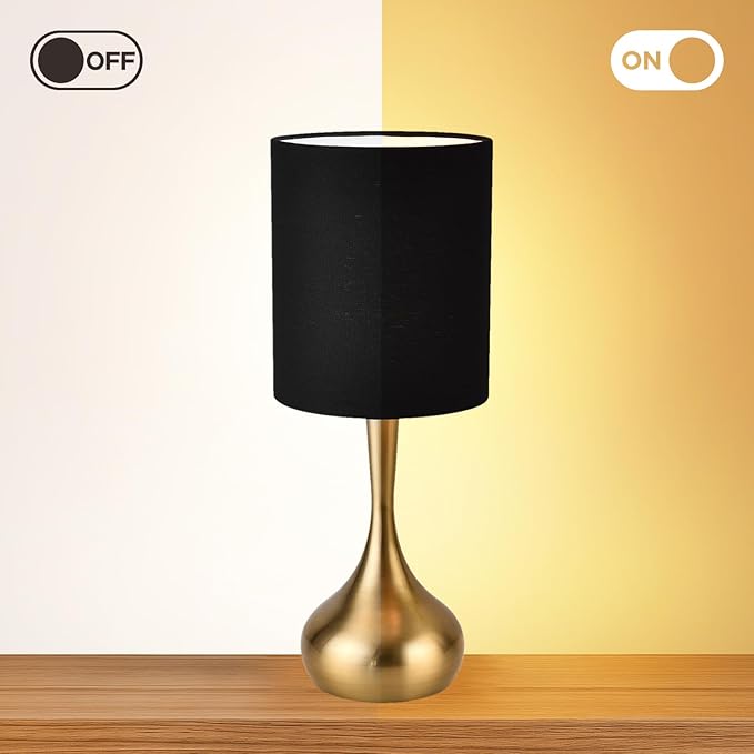 KUNJOULAM Modern Table Lamp, 17.3" Small Desk Light with Brass Metal Droplet Base, Black Cylinder Linen Drum Shade, Nightstand Lamp for Bedroom Living Room Nightstand Office