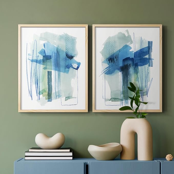 Renditions Gallery Set of 2 Peel & Stick Framed Prints, Modern Abstract Wall Art, Blue and Neutral Bold Brushstrokes Wall Decor, Re-Stickable - Ready to Hang - 8"x10" - NATURAL WOOD Frame LT588
