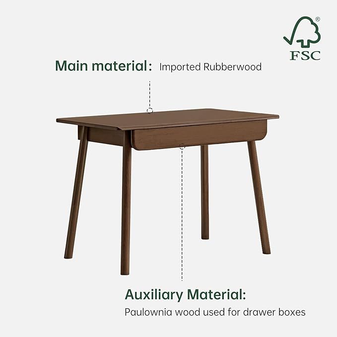 100% Solid Wood Desk with Drawers, Mid Century Modern Writing Desk, Walnut Color Office Desk for Study Bedroom Living Room 31.49" W