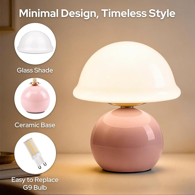 Mushroom Table Lamp for Bedroom, Cozy Bedside Lamp with Glass Shade, Stepless Dimmable Nightstand Lamp for Relaxing Bedroom Decor & Aesthetic Home (Pink)