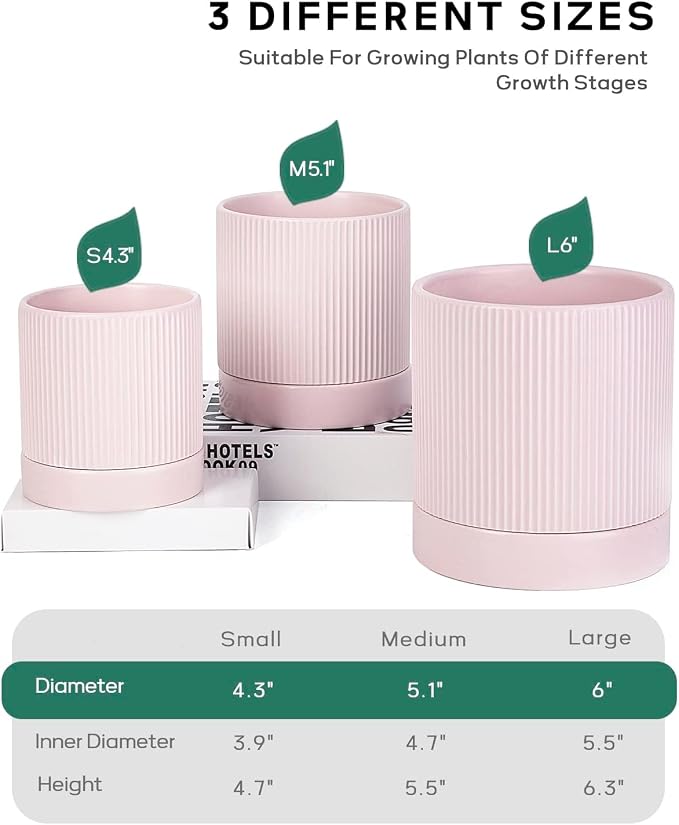 LaDoVita 3 Pack Ceramic Plant Pots 6/5/4 inch, Flowerpot for Indoor Plants with Drainage Holes and Tray, Outdoor Garden Planters, Modern Decorative for Home, Pink Vertical Stripes