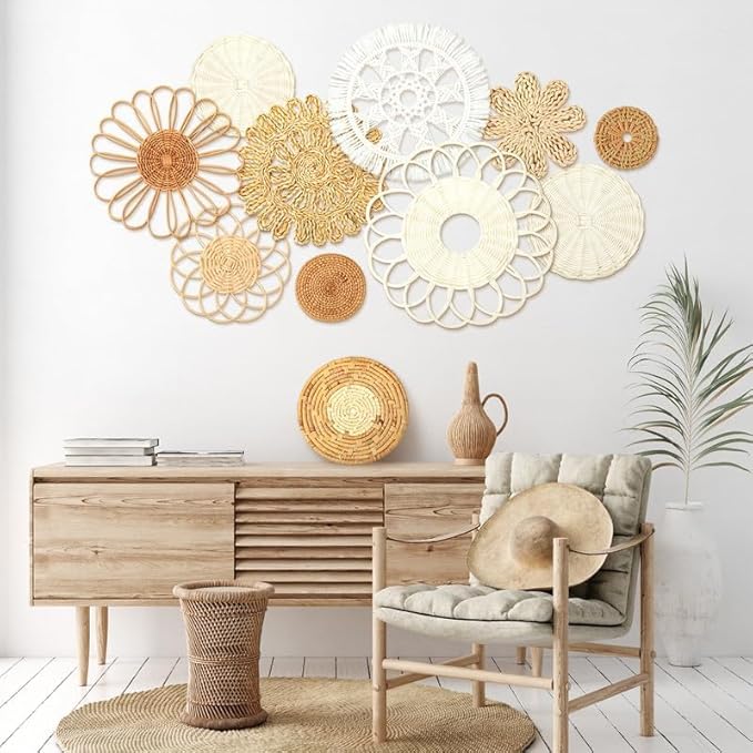 Tatuo 11 Pcs Boho Wall Basket Decor Decorative Bulrush Woven Basket Wall Decor Art Round Farmhouse Hanging Baskets for Kitchen Rustic Home Summer Decorations, Multi Sizes(Novel)