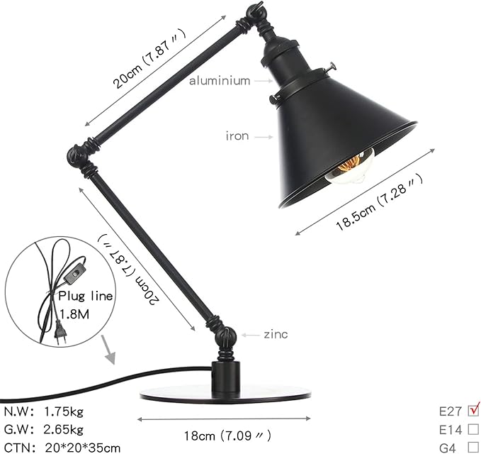 Makeup Vintage Desk Lamp, Industrial Metal Task Table Lamp with Adjustable Swing Arm, Bedroom Bedside Night Light Cafe Retro Reading Lighting,Black