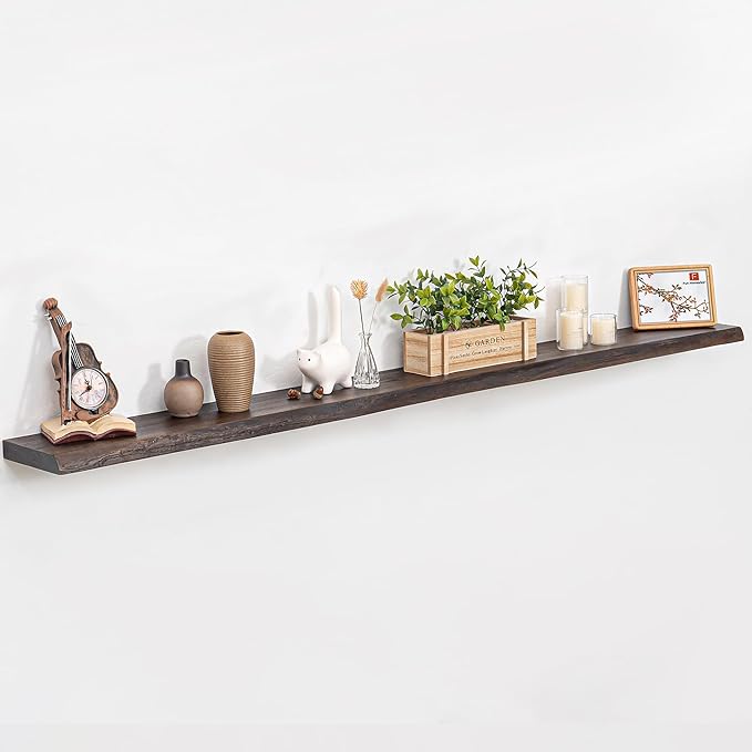 Fun Memories Floating Shelves for Wall Decor, Rustic Solid Elm Wood Live Edge Floating Shelves Wall Mounted, Heavy-Duty Shelf with Invisible Bracket for Living Room Kitchen, 72 Inch Set of 1, Walnut