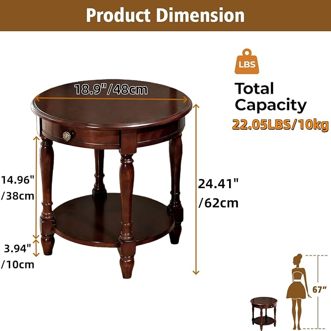 YUNMUAIR-Solid Wood End Table,Round Side Table with Drawers,Vintage Nightstand,Sofa Side Tables with Storage Shelf,Traditional Retro End Tables for Small Spaces,Living Room,Bedroom,Dark Brown