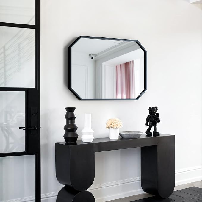 24"x36" Black Octagon Mirror for Bathroom,Black Rectangle Metal Frame Vanity Mirror Wall Mounted Hanging for Bedroom Entryway Living Room Farmhouse Horizontal/Vertical