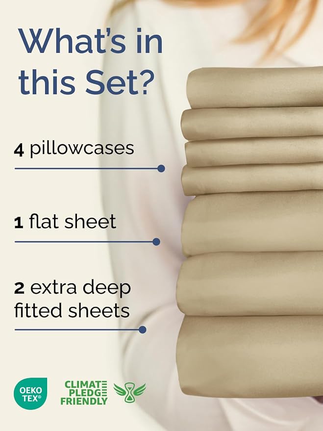 Extra Deep Split King Sheet Set - 7 Piece Breathable and Cooling Sheets - Hotel Luxury Bedding for Women, Men, Kids & Teens - Easy Secure Fit - Soft, Wrinkle Free & Comfy - Extra Deep Pockets - Beige
