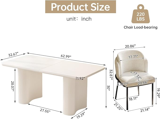 Dining Table Set for 4, 62.99" Rectangular Kitchen Table with 4 Chairs, 5-Piece Dining Set with Waved Legs for Kitchen Living Room, Home, Apartment, White
