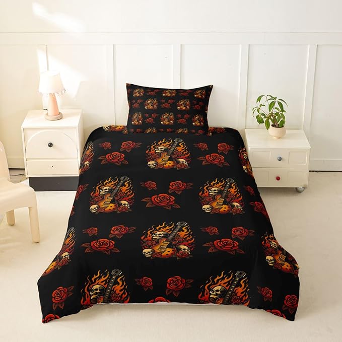 Erosebridal Guitar Rose Bedding Set Twin for Adults Women - Cool Skeleton Flame Duvet Cover Punk Rock Music Comforter Cover,Floral Gothic Skull Print Bed Set
