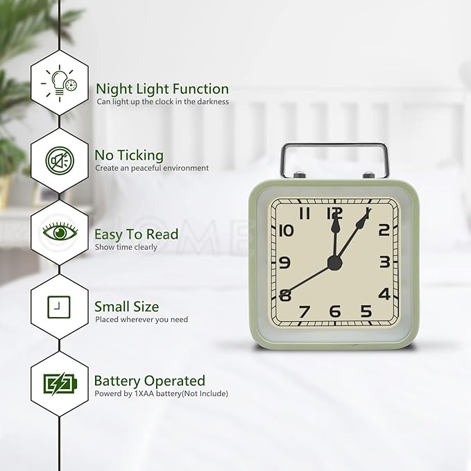 Rohome Small Alarm Clock, Retro Silent Quartz Movement with Night Light, Decorative Vintage Non Ticking Clock for Living Room, Office, Desk, Bedroom, Bedside, Hotel, Shelf, Nightstand (Green)