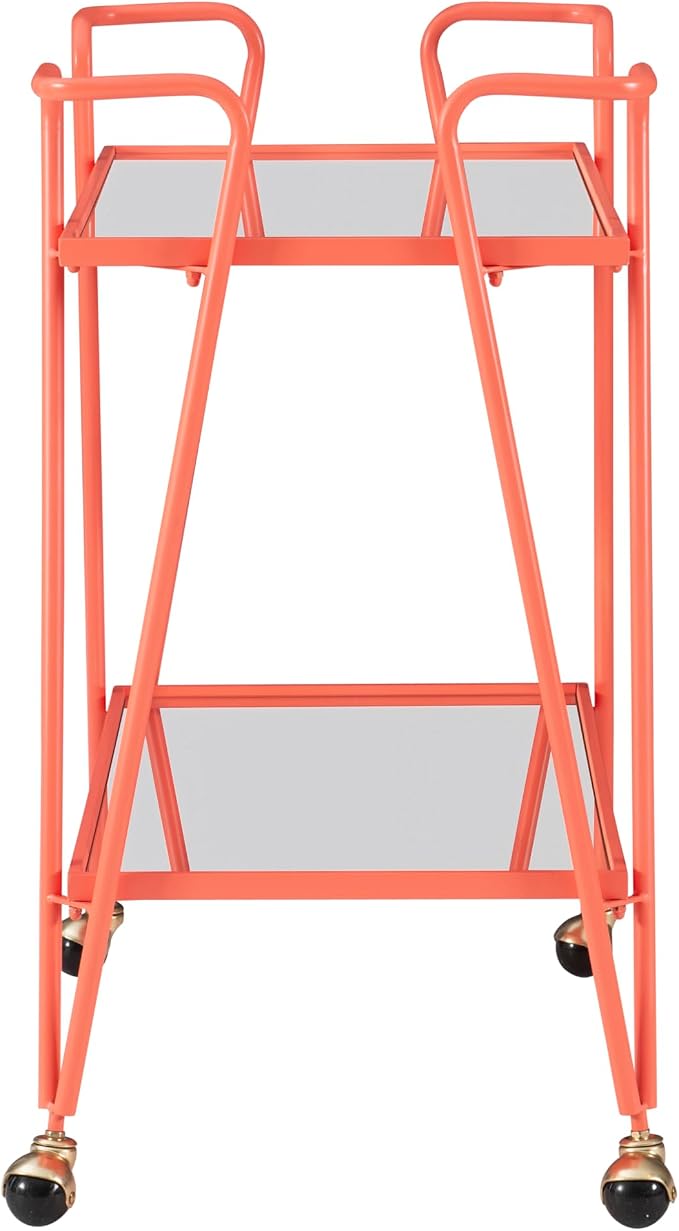 Gina Coral Mid-Century Bar Cart with Mirrored Shelves and Locking Wheels by Linon