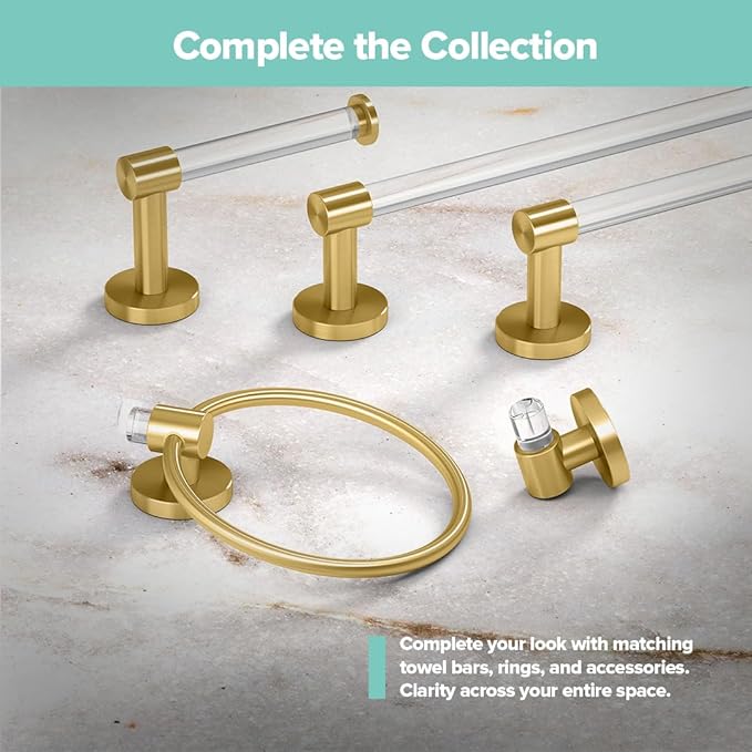 Gatco 5731 Clarion Towel Bar | 18" L Bathroom Towel Rack, Wall Mount Bathroom Towel Holder | Crystal-Clear Acrylic & Brushed Brass Finish