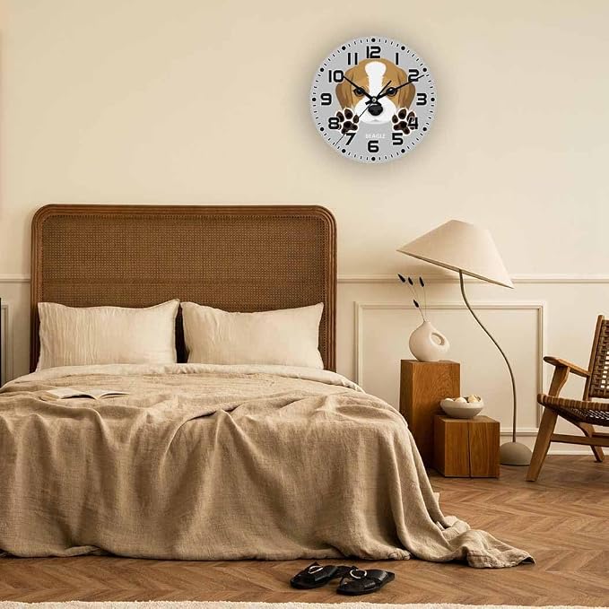 Dog Wall Clock 10 inch Round Dog Paw Silent Non Ticking Wood Wall Clocks Battery Operated Easy to Read Decorative Wall Clock for Bedroom Kitchen Living Room Bathroom