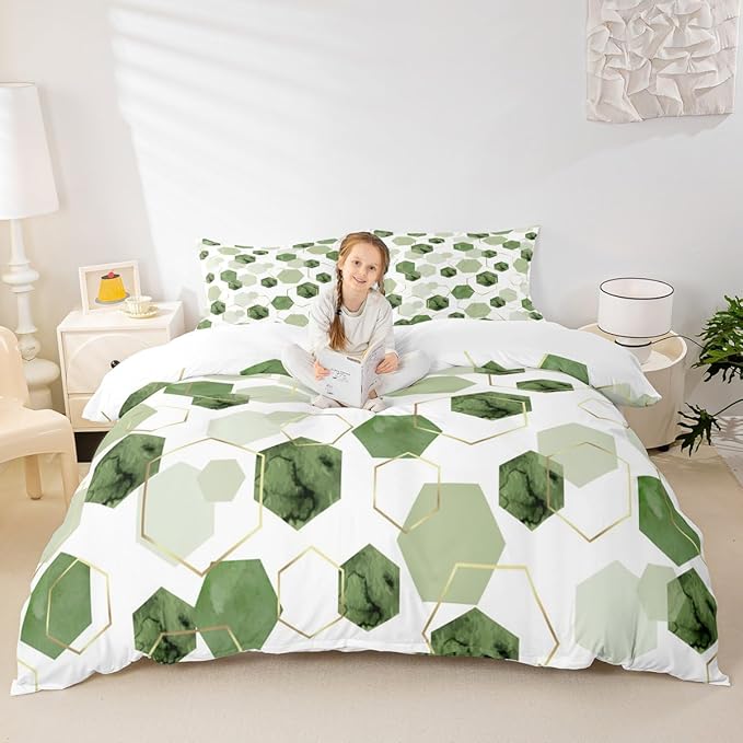 Erosebridal Sage Green Modern Duvet Cover Queen - Marble Grain Geometric Bedding Sets, Fresh Abstract Geometric Art Decor Bed Set for Boys Girls Watercolor Hexagon Bed Cover with 2 Pillowcases
