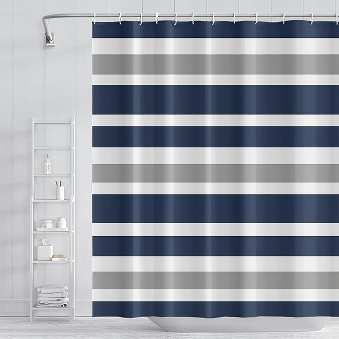Stripes Fabric Bathroom Curtain Dark Blue Grey Modern Minimalist Shower Curtain with Hooks Polyester Waterproof Abstract Artistic Decor, 72x96 Inch