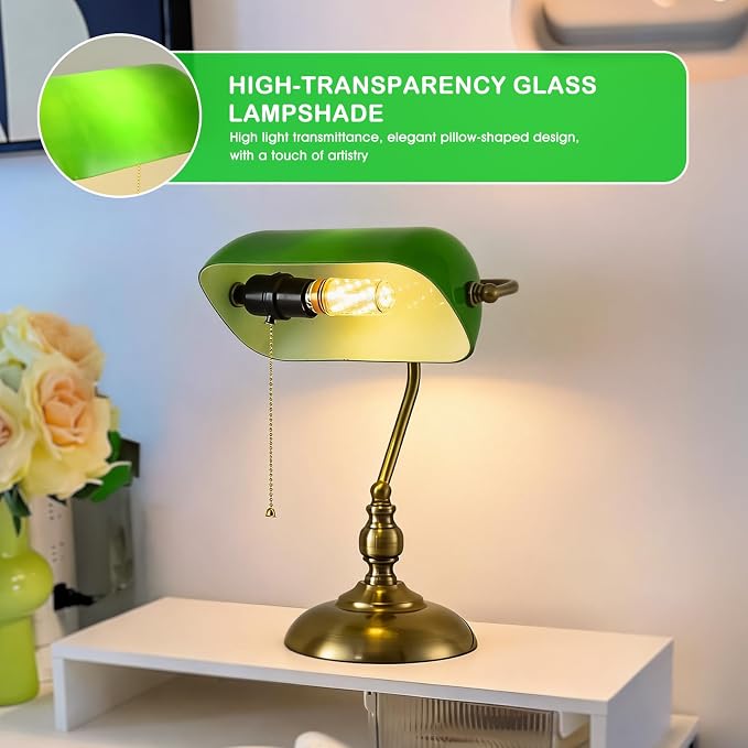 Classic Banker's Desk Lamp, Green Glass Shade, Antique Brass Base, Pull Cord Switch, Vintage Style