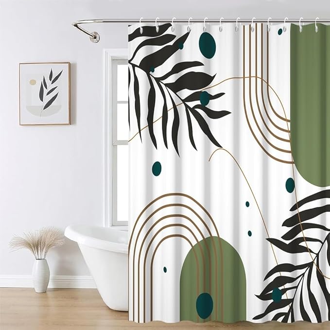Mid Century Boho Shower Curtain for Bathroom Modern Minimalist Neutral Bathroom Decor Abstract Green Leaf Arch Sun Aesthetic Bath Curtains Washable Waterproof Polyester Fabric with Hooks 72x72 Inch