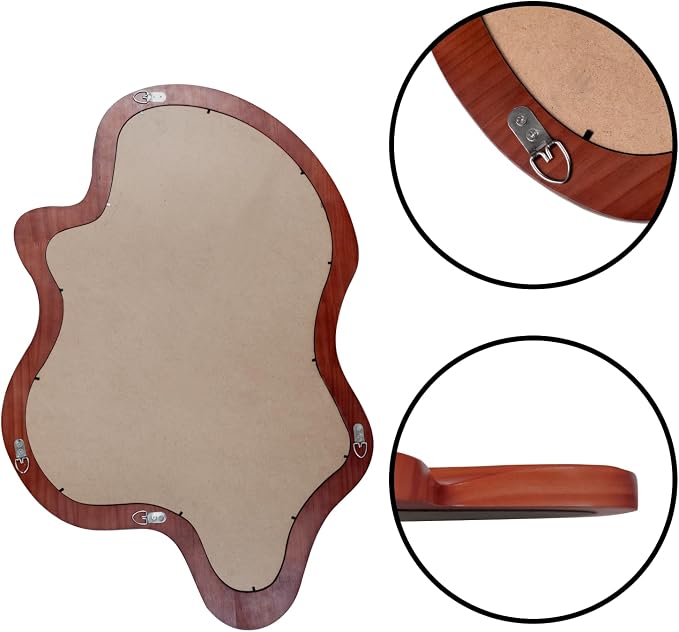 32"x 21" Irregular Wall Mirror, Walnut Wooden Framed Asymmetrical Wall Mirror for Living Room Bedroom Entryway Bathroom Modern Decorative Hanging Hooks