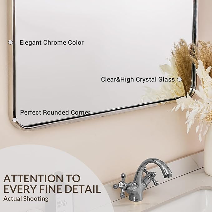 ANDY STAR 30x40’’ Chrome Arched Mirror, Polished Chrome Arched Bathroom Mirror, Arched Wall Mirror in SUS304-Anti-Rust Tube Frame, Wall Mounted Vertical 1'' Deep