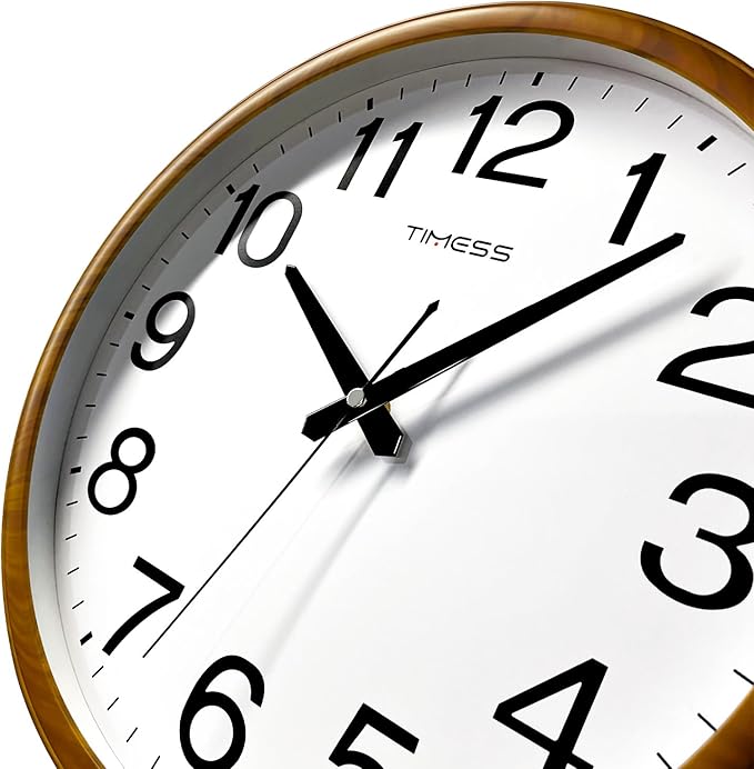TIMESS Wall Clock, Classic Wood Style Finish, 13 Inch Non-Ticking Silent Battery Operated Analog Clock, Ideal Retro Decor for Home, Bedroom, Living Room, Kitchen, Bathroom, Office (Wood Yellow)