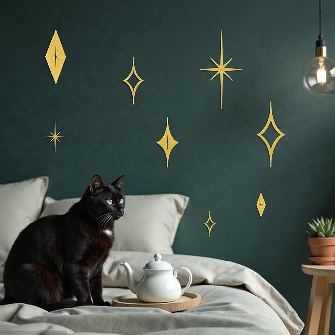 Bnesi 8 Piece Metal Mid Century Modern Wall Art Decor Vintage Style Gold Starburst Metal Wall Art Decor Mid Century Modern Star Bursts Decor for Living Room Bedroom Home Bathroom (Gold)