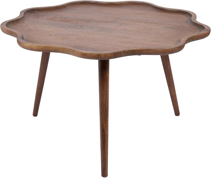 Kate and Laurel Alezar Mid-Century Modern Wavy Round Coffee Table, 30 x 30 x 18, Walnut Brown, Transitional Scalloped Circle Living Room Table with Solid Mango Wood Construction and Tapered Legs