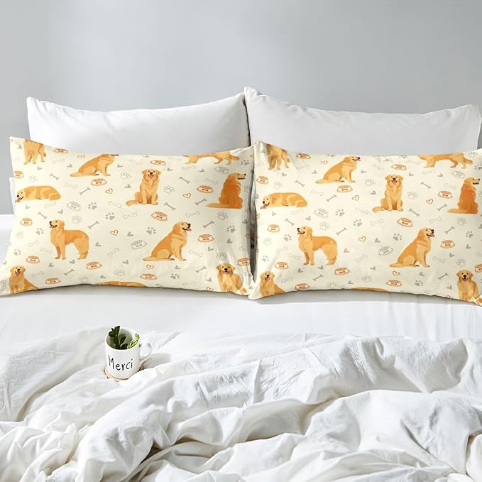 Erosebridal Cute Golden Retriever Bedding Set Queen Lovely Dog Duvet Cover Pet Dog Lover Comforter Cover for Kids Girls Boys Adults Paw Print Aesthetic Bed Set