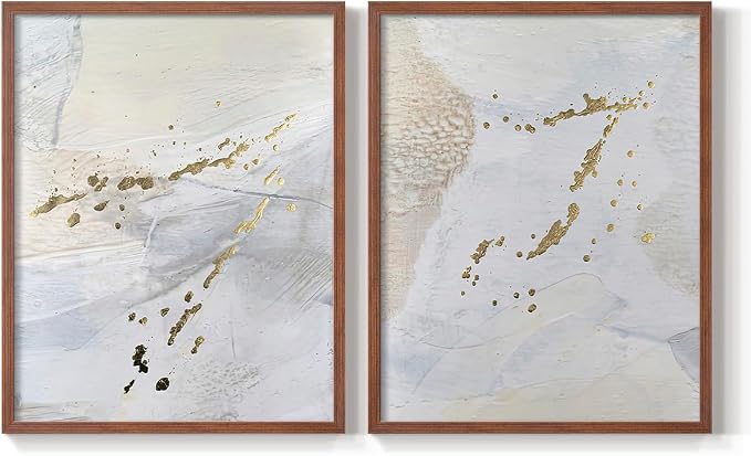 Renditions Gallery Set of 2 Peel & Stick Framed Prints, Modern Abstract Wall Art, Gold Sprinkle Oil Painting Wall Decor, Re-Stickable - Ready to Hang - 11"x14" - Walnut Frame LT588