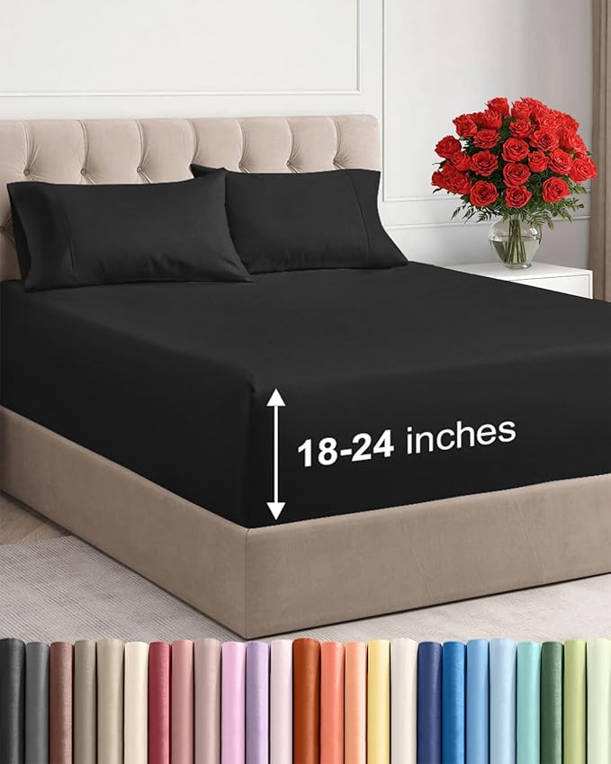 Extra Deep Twin Sheet Set - 4 Piece Breathable and Cooling Sheets - Hotel Luxury Bedding for Women, Men, Kids & Teens - Easy & Secure Fit - Soft, Wrinkle Free and Comfy - Extra Deep Pockets - Black