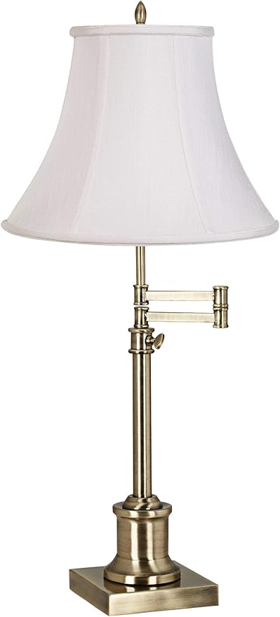 360 Lighting Westbury Traditional Swing Arm Desk Table Lamp Adjustable Height 36" Tall Antique Brass Imperial White Fabric Bell Shade for Living Room Bedroom House Bedside Nightstand Home