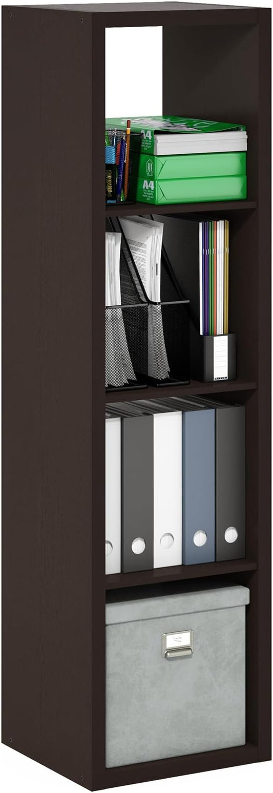 Furinno CUBICLE Book Shelf, Vertical 4-Cube Bookshelf, Extra Thick Horizontally & Vertically Reversible Bookcase with Open Back, 14.6" x 16" x 58",For Living Room, Bedroom, Home Office, Black Dark Oak