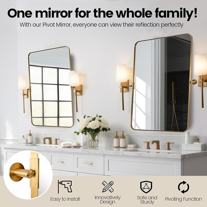 MOON MIRROR Brushed Gold Pivot Mirror, Brass Tilt Vanity Rectangle Pivot for Bathroom, Overall 24.33 x 28 inches(Mirror 20 x 28 inches)