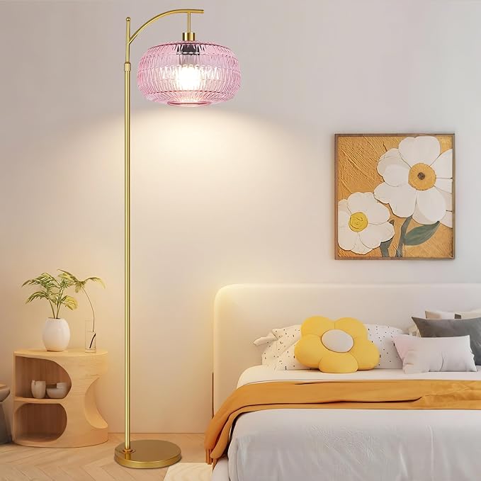 QIYIZM Pink Floor Lamp for Living Room,Bedroom,Gold Dimmable Standing Lamp with Remote,Mid Century Modern Brass Tall Lamp Boho Floor Lamps Arc Stained Glass Flower Floor Light Lamp Girls kids Bohemian