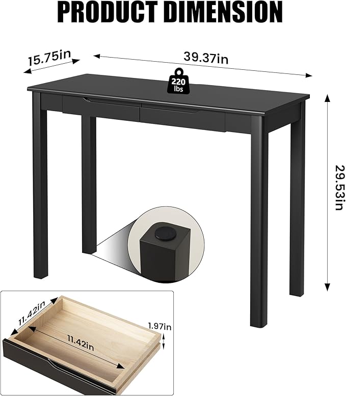 Solid Wood Desk with Drawers - 39 x 16 Inch Simple Narrow Desks, Modern Computer Desks, Rubber Wood Study Table, Small Writing Desk for Bedroom|Small Spaces - Black